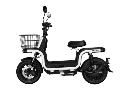 Benzina Zero electric scooter with carry basket.