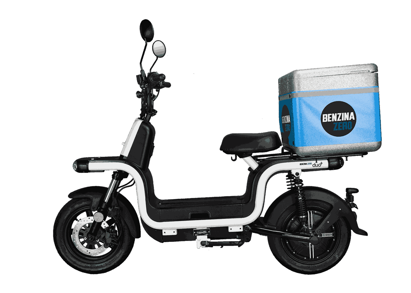 Benzina Zero electric scooter moped large food box for food delivery.