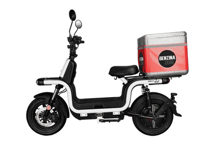 Benzina Zero electric scooter moped large food box for food delivery.